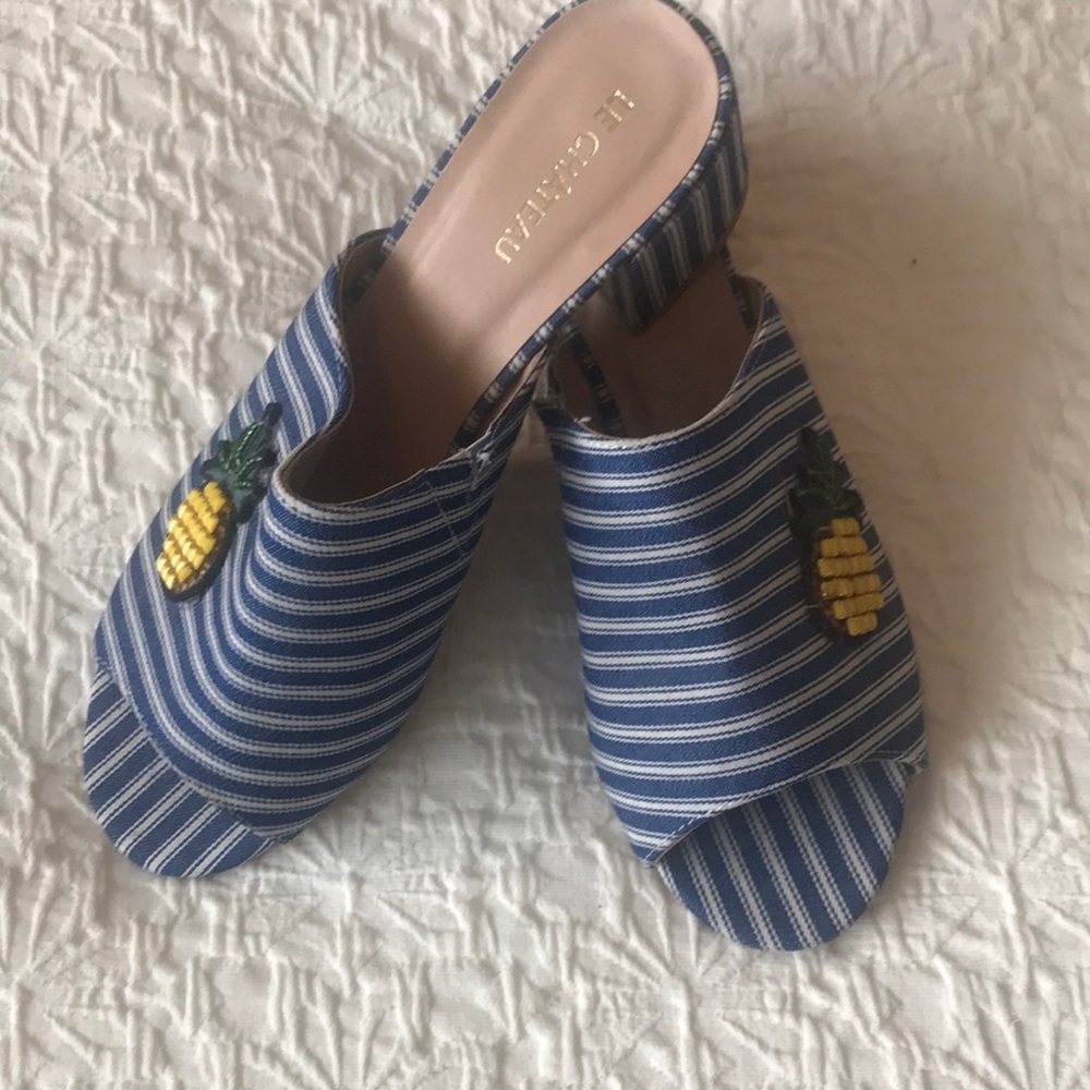 Super fun blue and white striped slip ons with pineapples